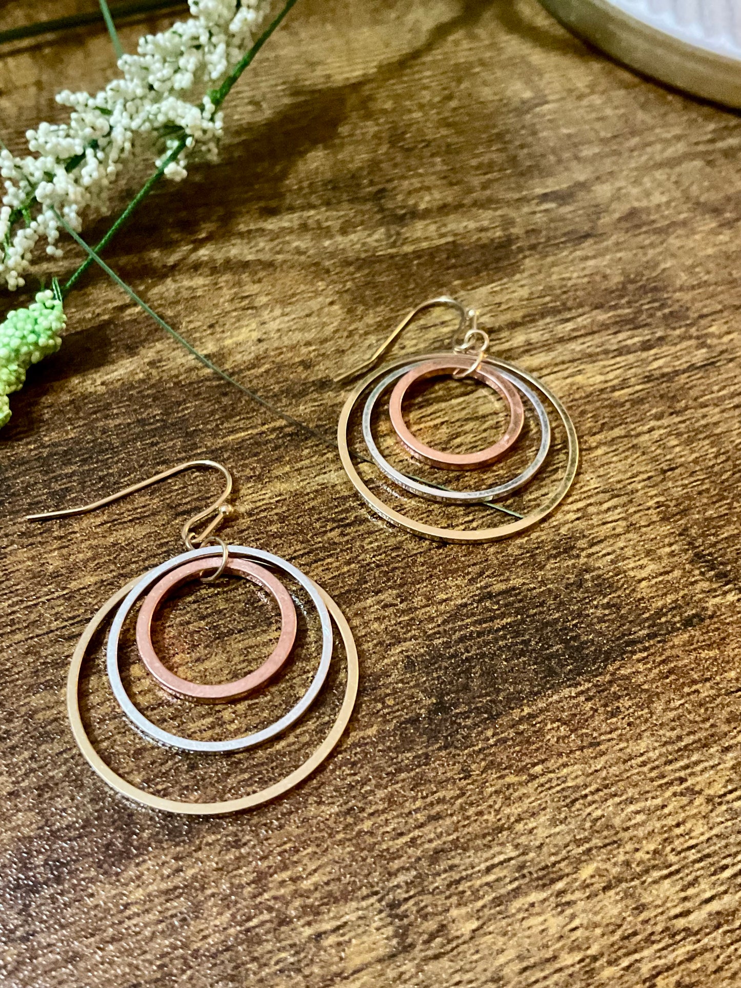 Triple Hoop Earrings with Gold, Silver, Rose Gold