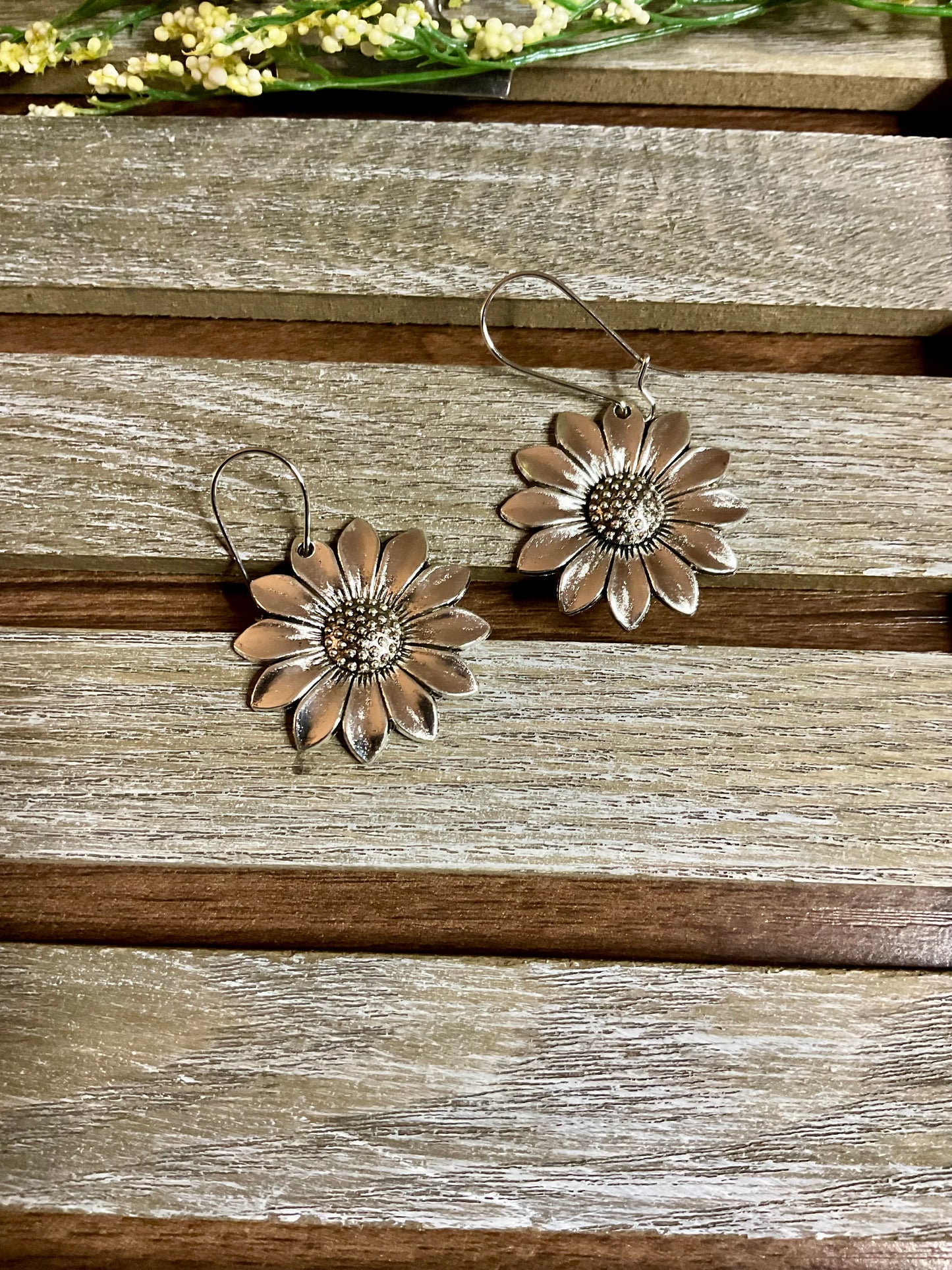 Silver Sunflower Dangle Earrings