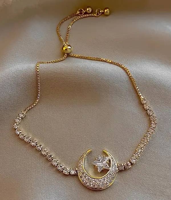 Star & Moon Pull Chain Gold Bracelet with Rhinestones
