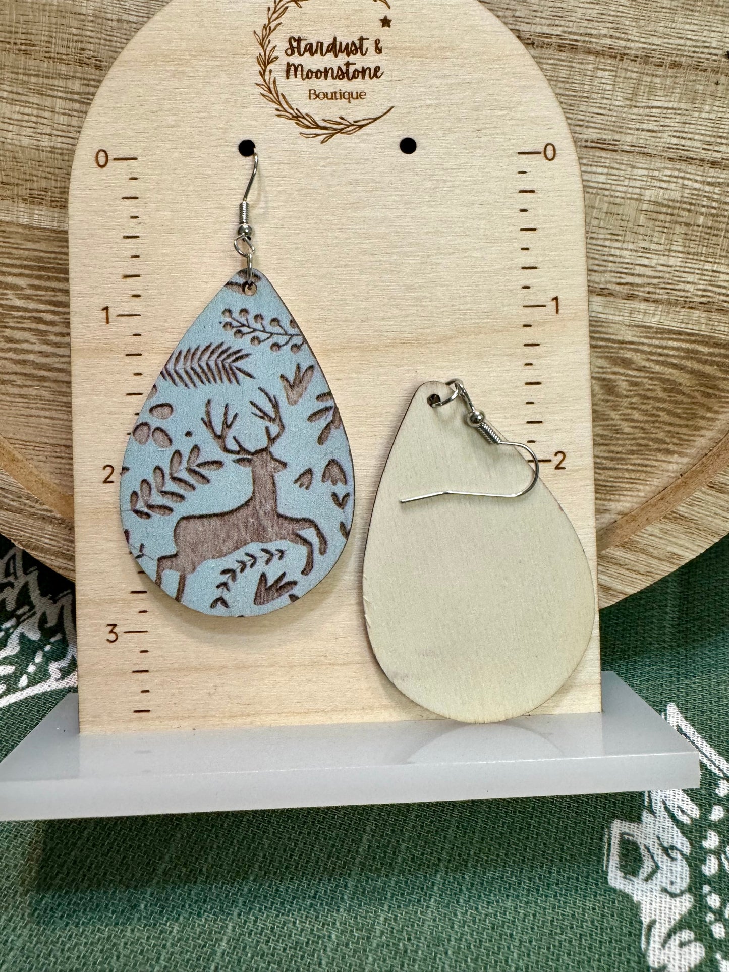 Wooden Reindeer Earrings in Country Blue