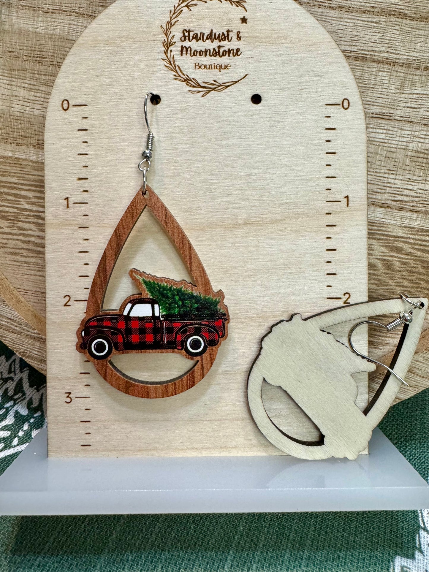 Wooden Red Truck Christmas Tree Earrings