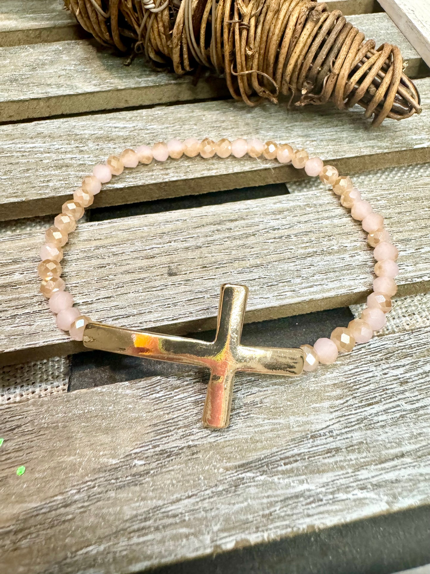 Faceted bead stretch Bracelets with cross