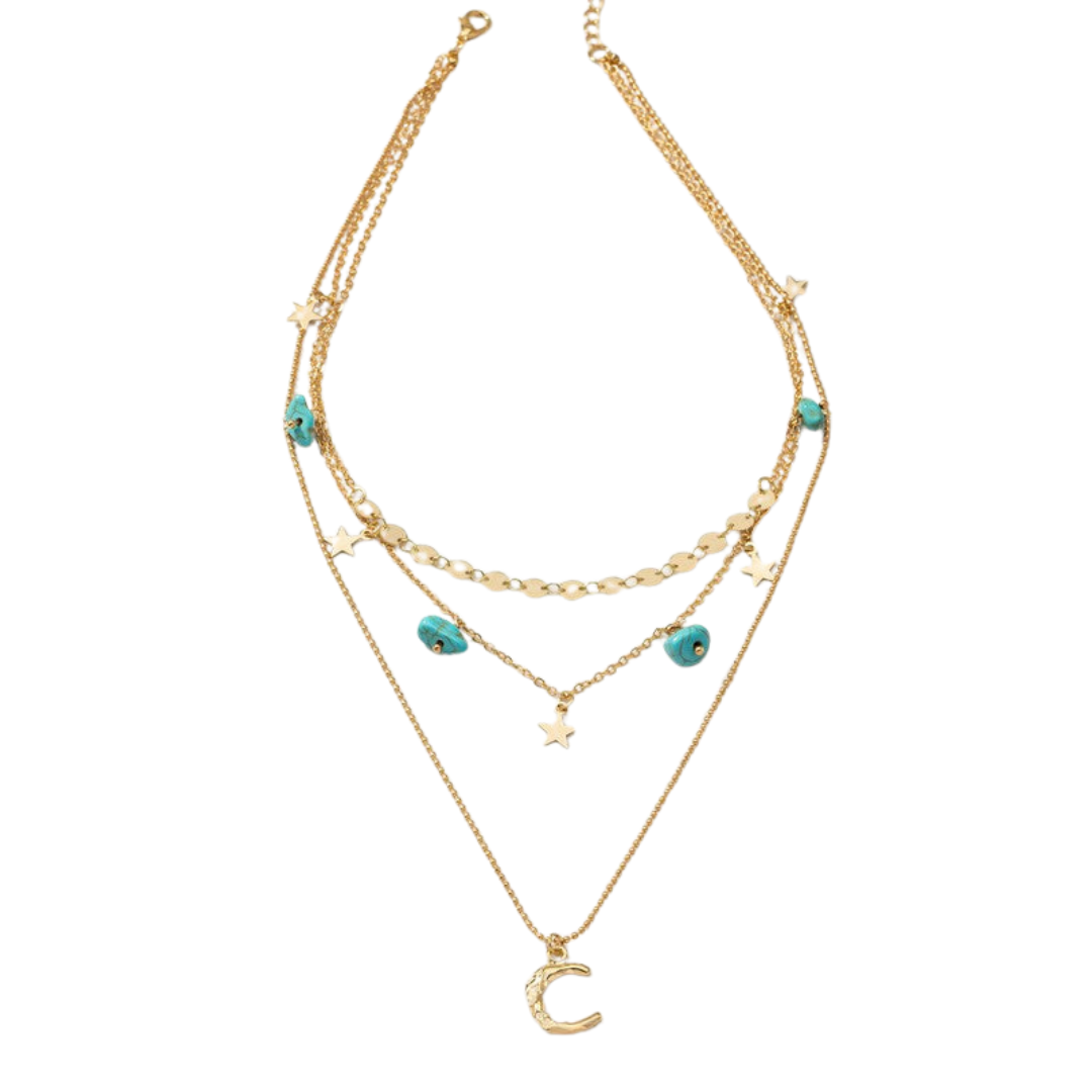 Celestial & turquoise 3 row mixed chain choker necklace