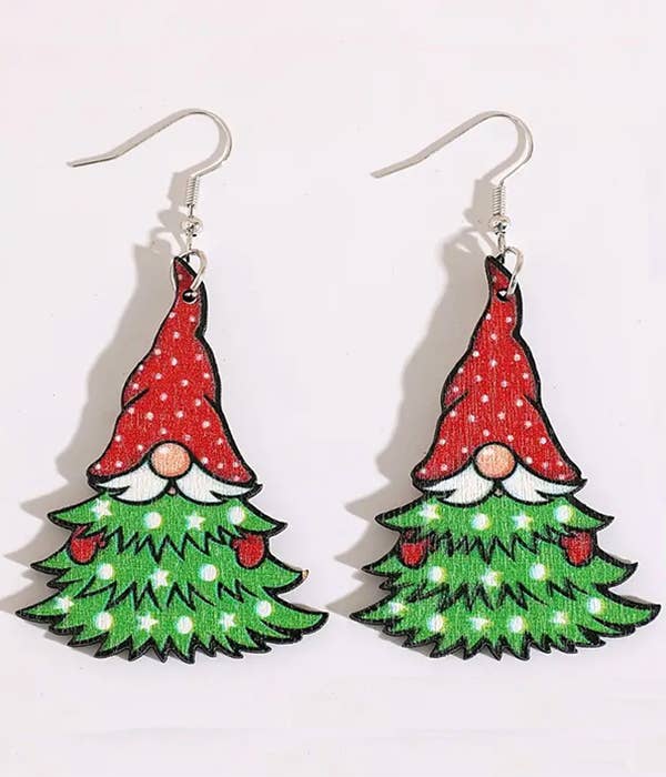 Christmas Tree Gnome Wooden Earrings