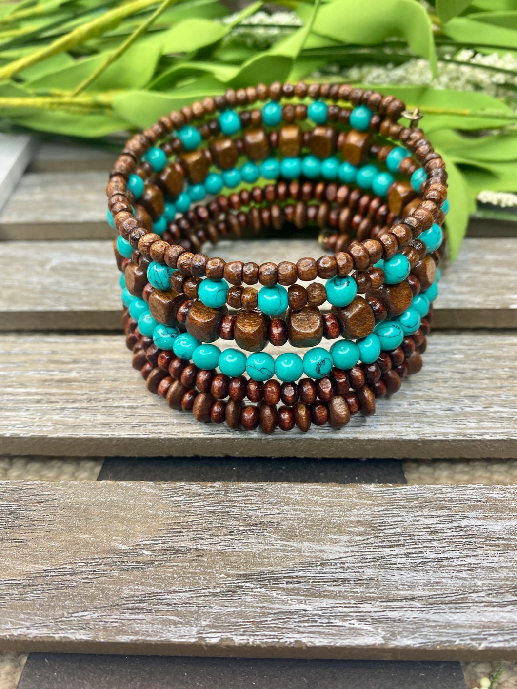 Wood & Turquoise Bead Coil Bracelet