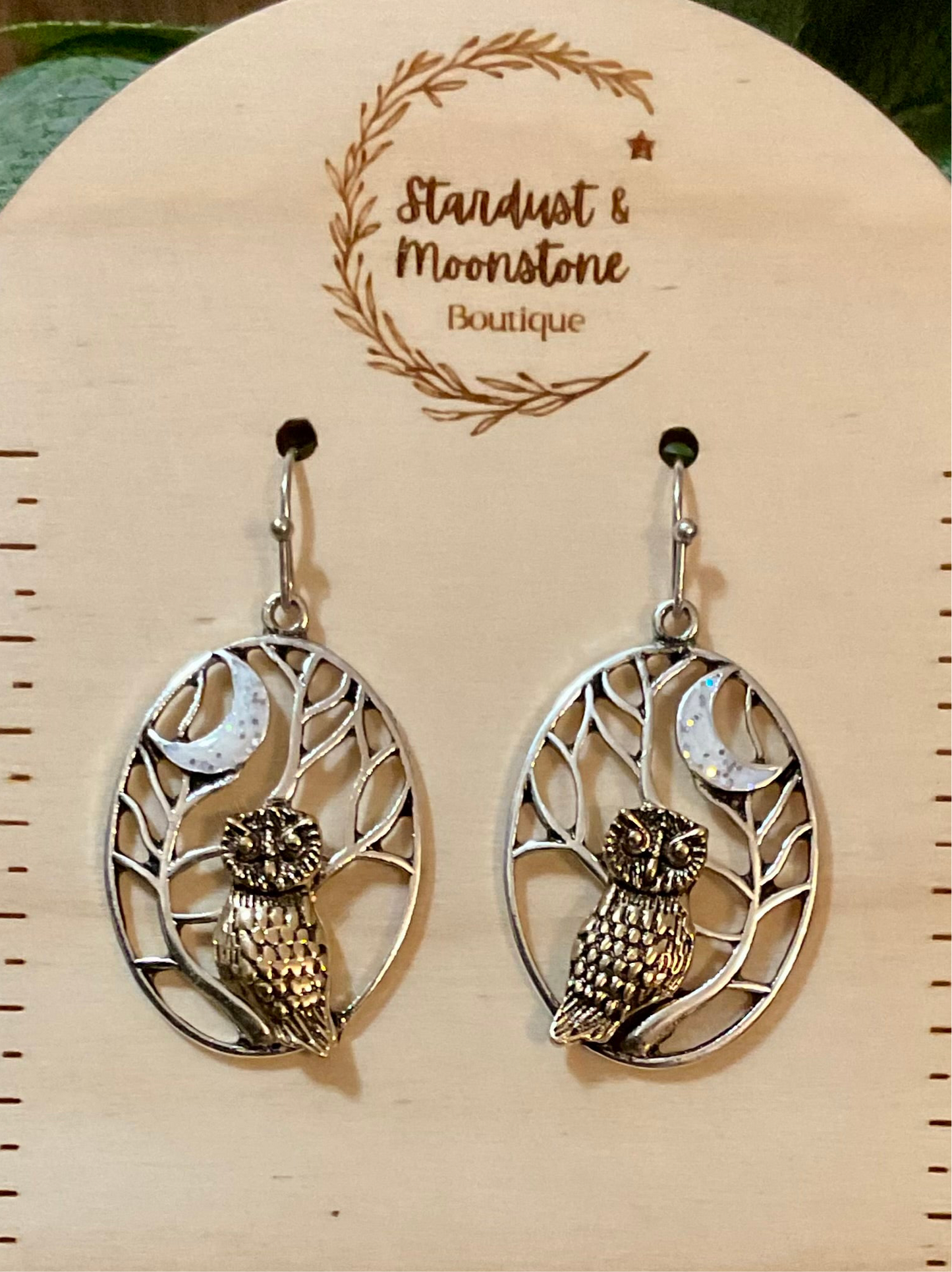 Patina Owl on Branch Earrings with opalescent moons