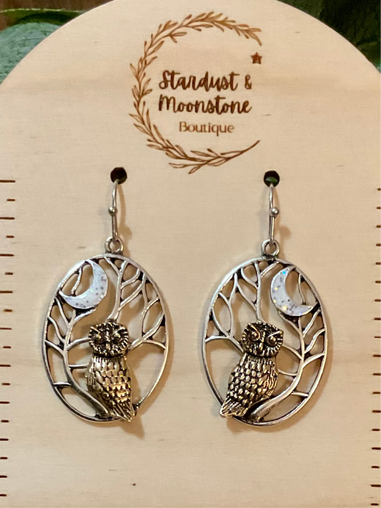 Patina Owl on Branch Earrings with opalescent moons