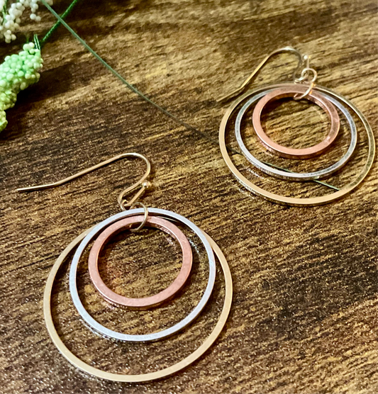 Triple Hoop Earrings with Gold, Silver, Rose Gold