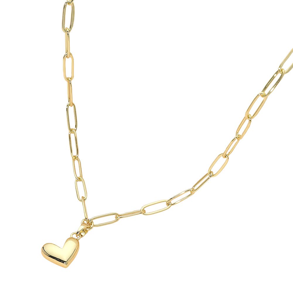 Gold Tone Heart Pendant Paperclip Chain Necklace