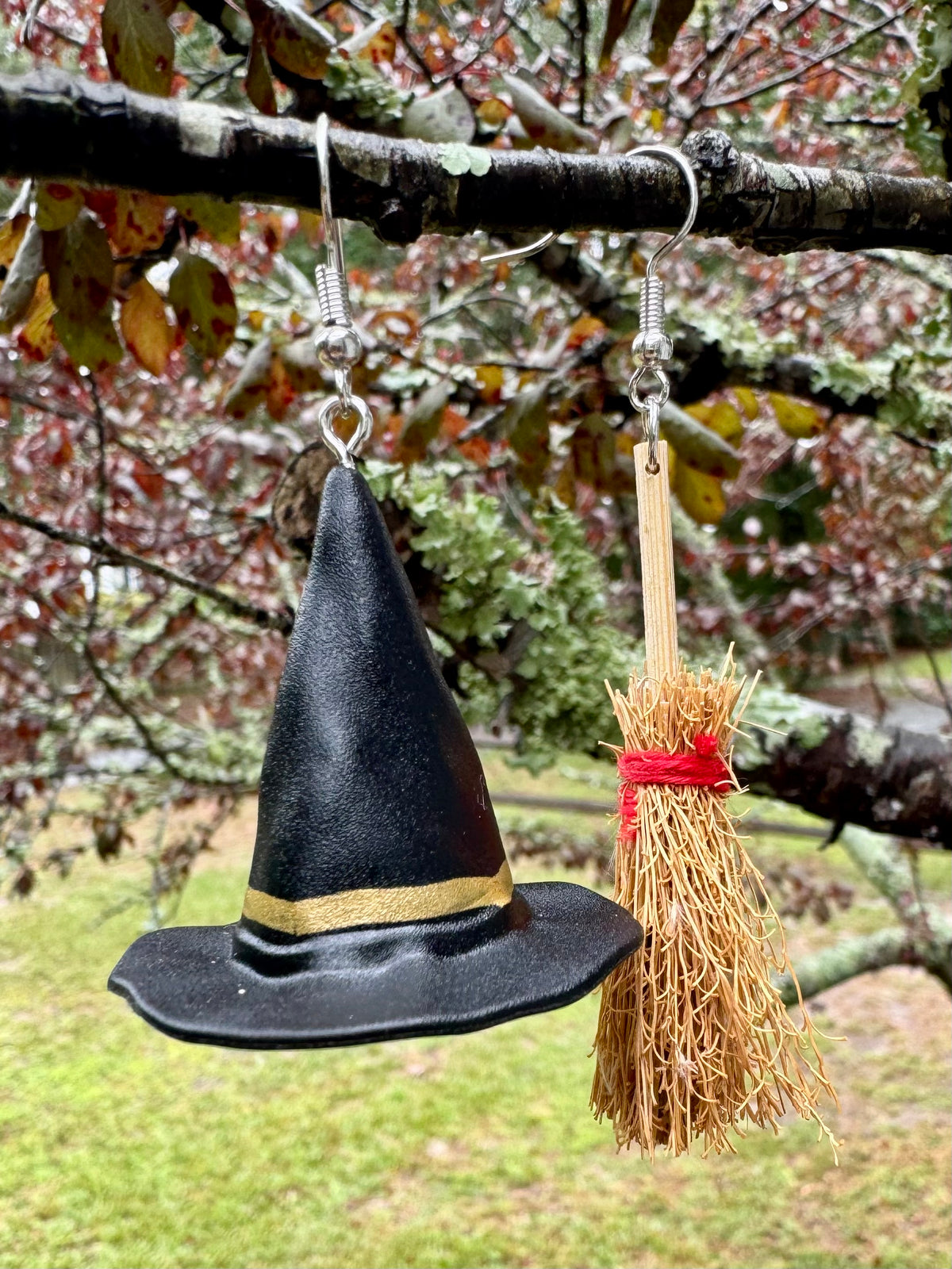 Witch Hat & Broom Mismatch Earrings for Fall, Halloween