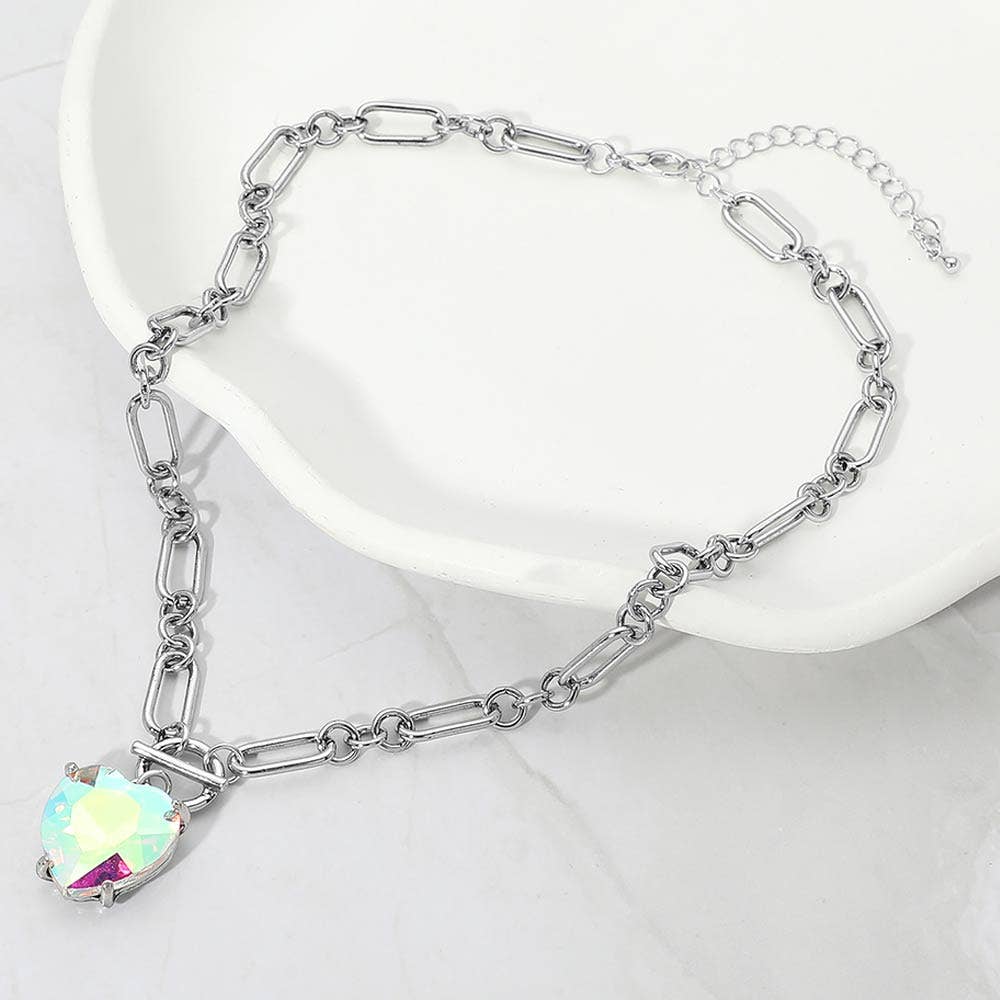 Chunky Heart Stone Cluster Toggle Pendant Necklace - Stardust & Moonstone