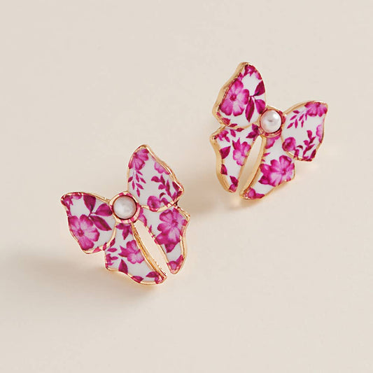 Pearl Accent Floral Bow Stud Earrings