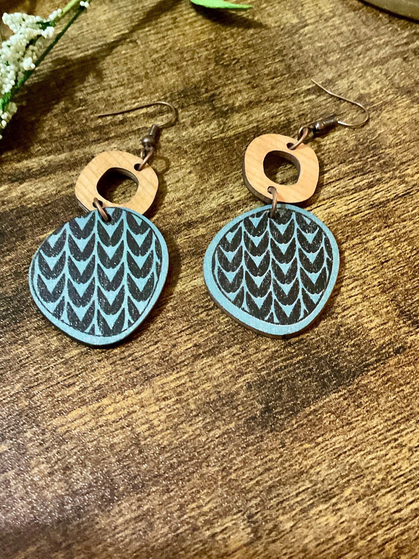 Organic Disc and Ring Wood Drop Earrings Black and Blue Design