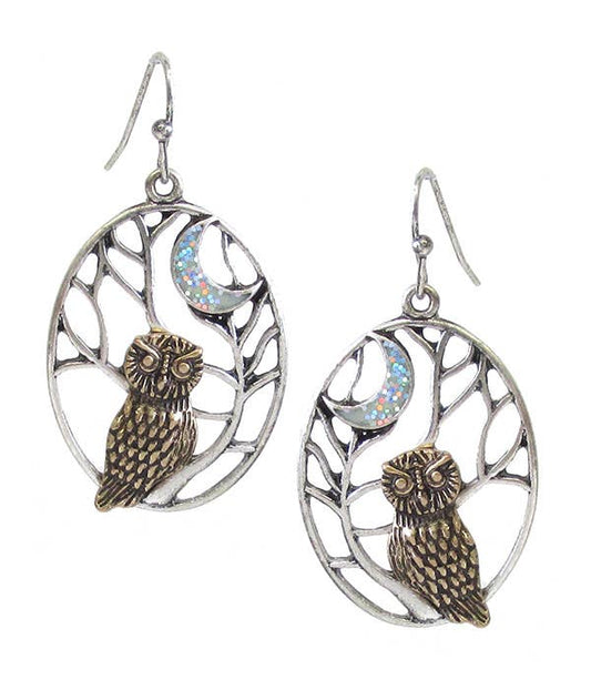 Patina Owl on Branch Earrings with opalescent moons - Stardust & Moonstone