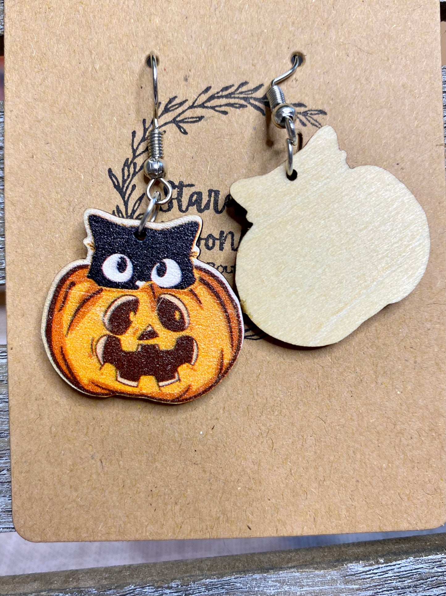 Fall Earrings - Pumpkin Black Cat Wooden Lightweight Earrings