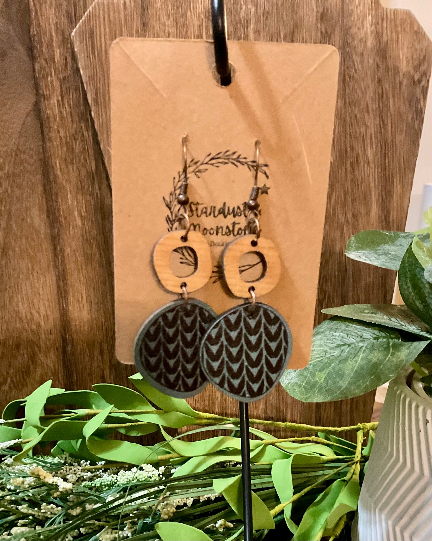 Organic Disc and Ring Wood Drop Earrings Black and Blue Design