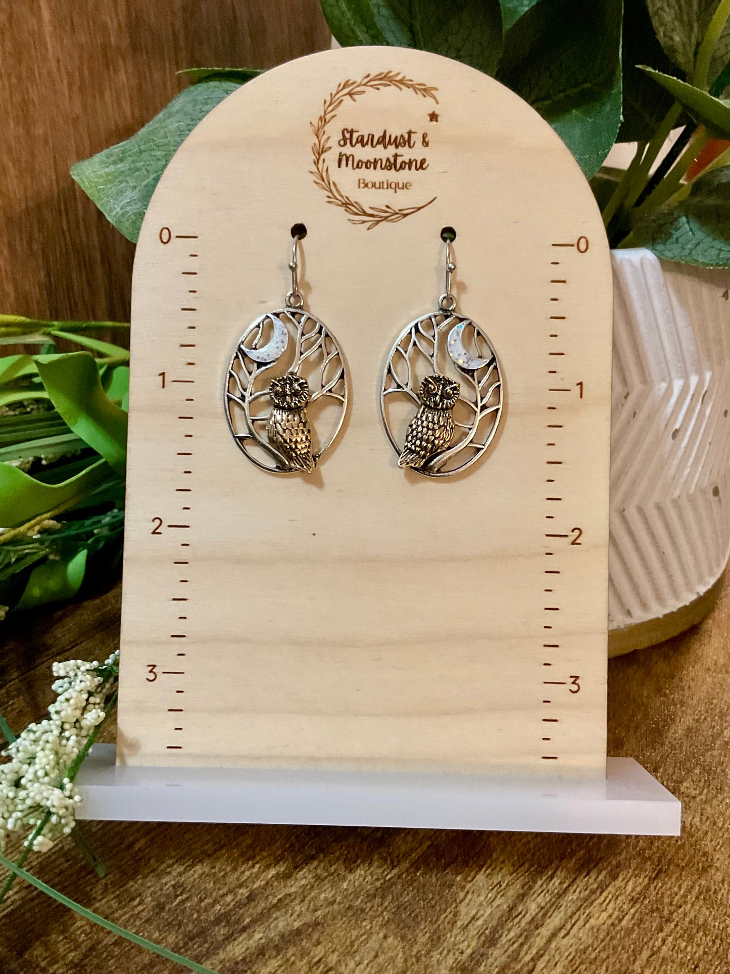Patina Owl on Branch Earrings with opalescent moons