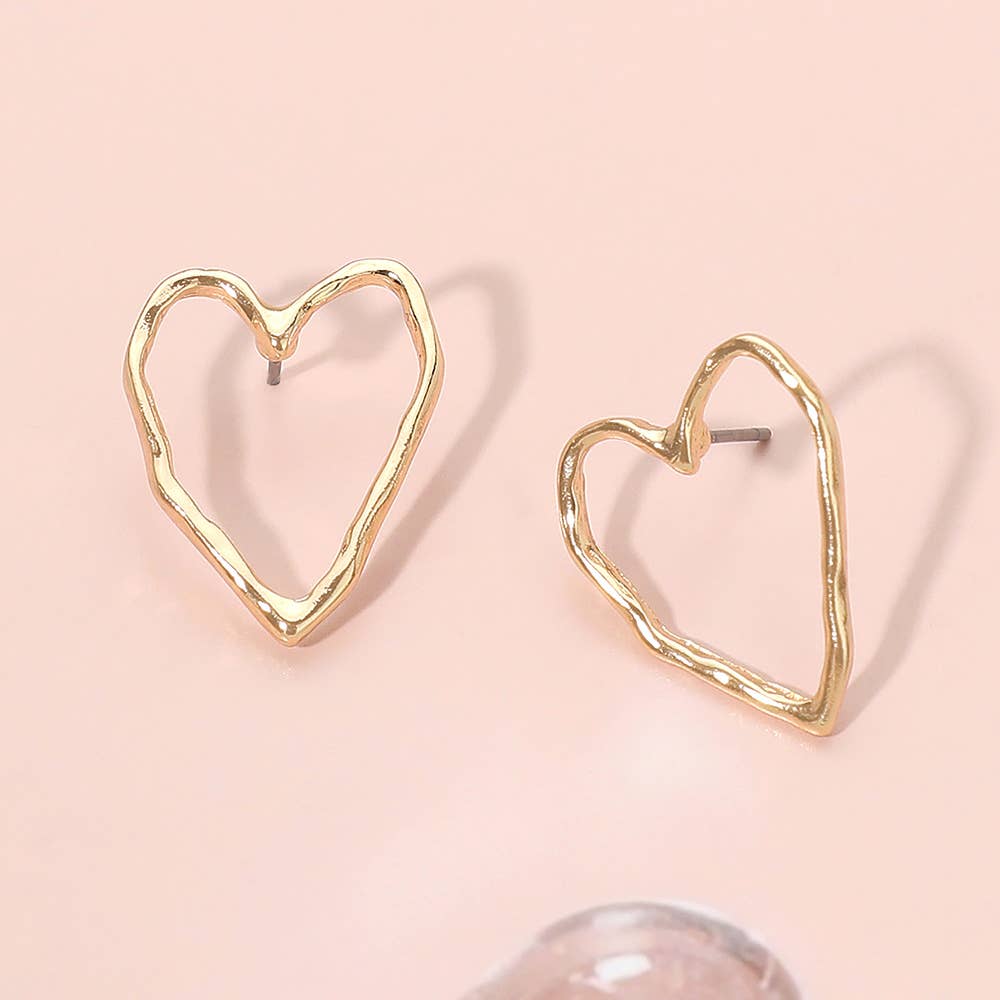 Metal Organic Outline Open Heart Stud Earrings - Stardust & Moonstone