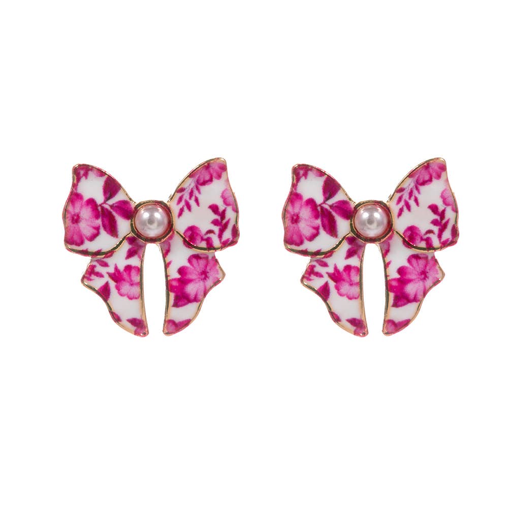 Pearl Accent Floral Bow Stud Earrings