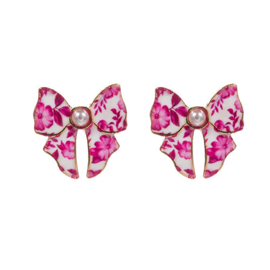 Pearl Accent Floral Bow Stud Earrings
