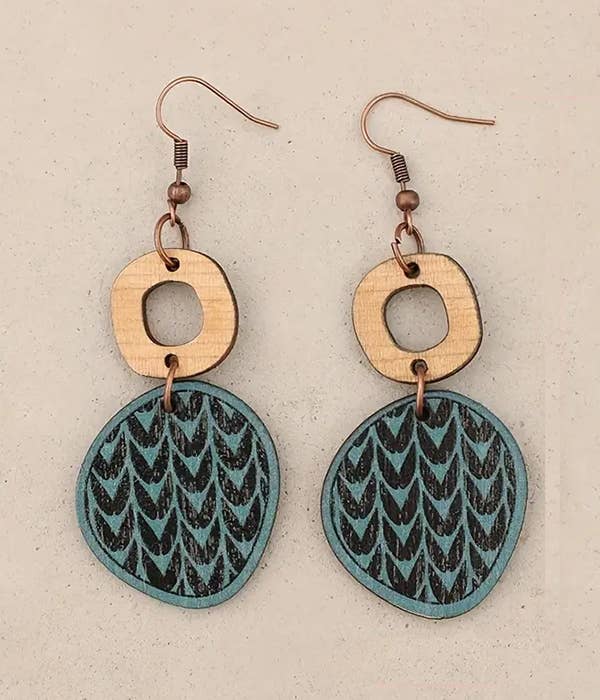 Organic Disc and Ring Wood Drop Earrings Black and Blue Design