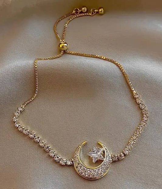 Star & Moon Pull Chain Gold Bracelet with Rhinestones