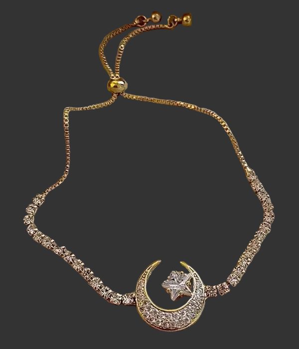 Star & Moon Pull Chain Gold Bracelet with Rhinestones - Stardust & Moonstone