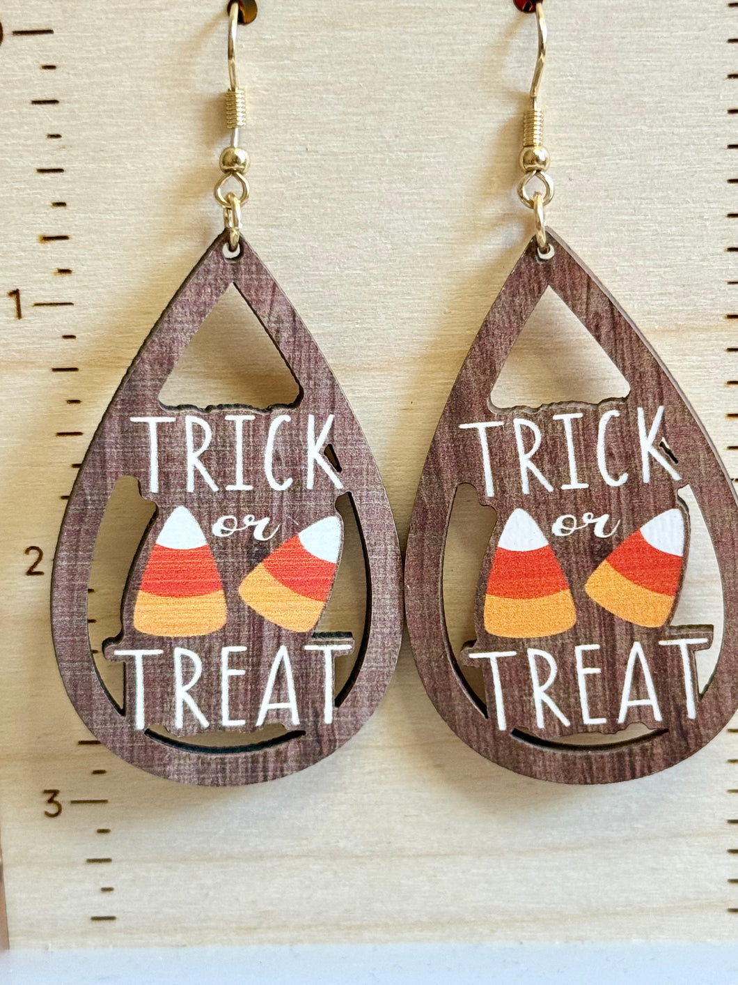 Trick or Treat Candy Corn Earrings - Open Wooden Teardrop