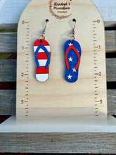 Load image into Gallery viewer, Patriotic Sandal Earrings Red White Blue Mismatch Stars &amp; Stripes

