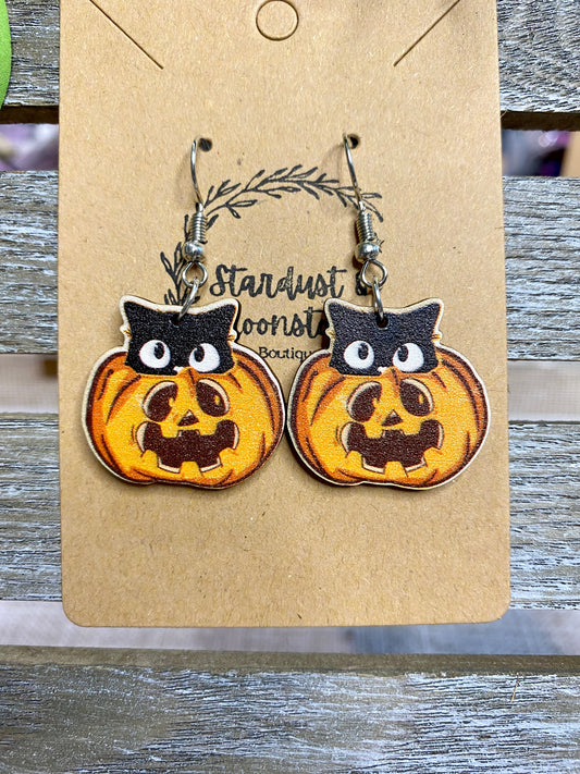 Fall Earrings - Pumpkin Black Cat Wooden Lightweight Earrings