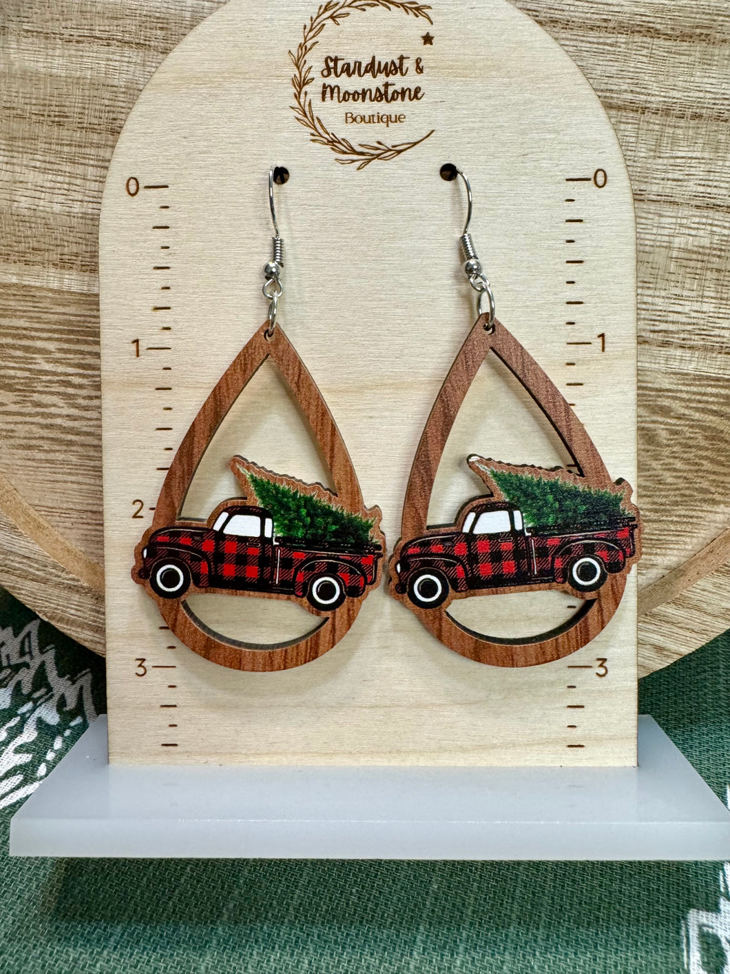 Wooden Red Truck Christmas Tree Earrings