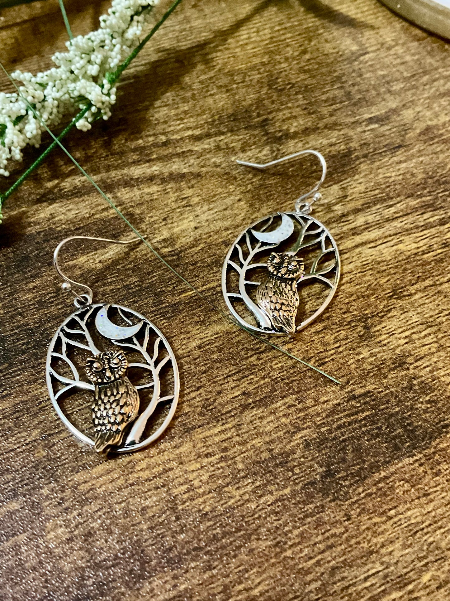Patina Owl on Branch Earrings with opalescent moons