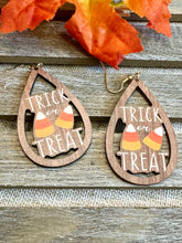 Load image into Gallery viewer, Trick or Treat Candy Corn Earrings - Open Wooden Teardrop
