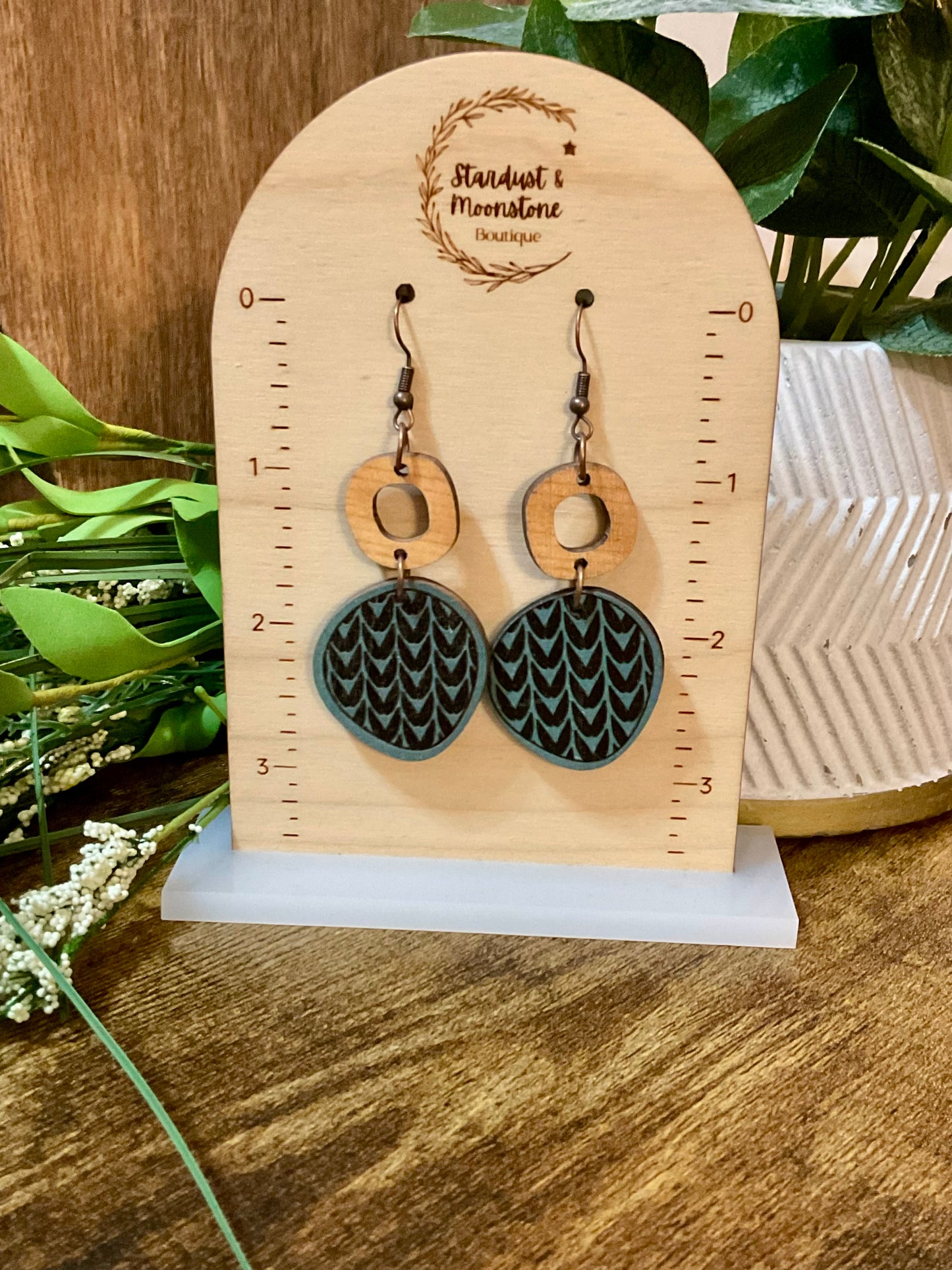 Organic Disc and Ring Wood Drop Earrings Black and Blue Design