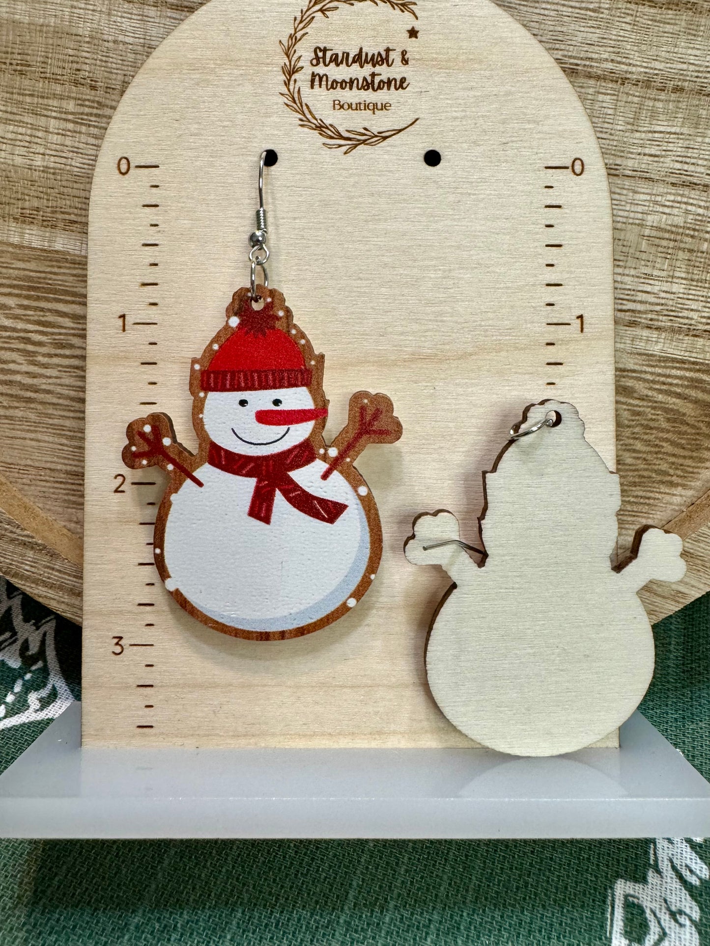 Wooden Snowman Christmas Tree Earrings