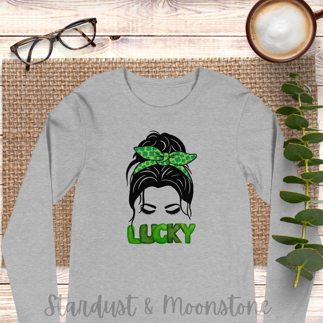 Lucky Lady with Bow Shamrock Unisex Long Sleeve Tee St Patrick’s Day - Stardust & Moonstone