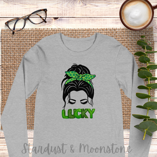 Lucky Lady with Bow Shamrock Unisex Long Sleeve Tee St Patrick’s Day - Stardust & Moonstone