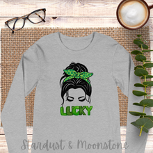 Load image into Gallery viewer, Lucky Lady with Bow Shamrock Unisex Long Sleeve Tee St Patrick’s Day
