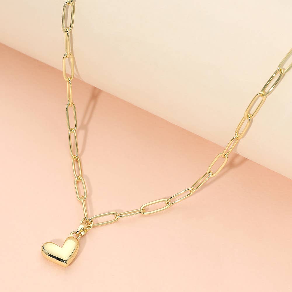 Gold Tone Heart Pendant Paperclip Chain Necklace