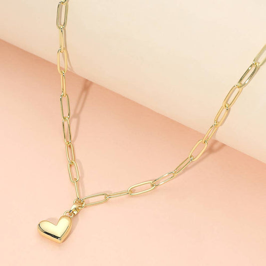 Gold Tone Heart Pendant Paperclip Chain Necklace