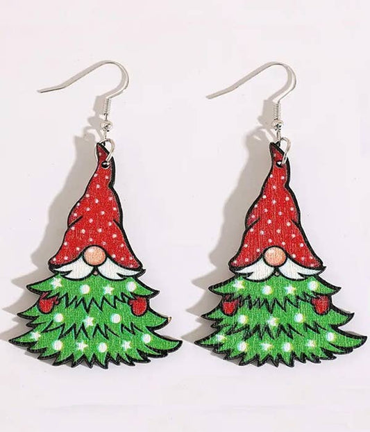Christmas Tree Gnome Wooden Earrings