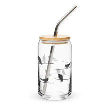 Load image into Gallery viewer, Birds on Wire Glass tumbler with optional bamboo lid and straw
