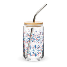 Load image into Gallery viewer, Fourth of July Fireworks Glass tumbler with optional bamboo lid and straw
