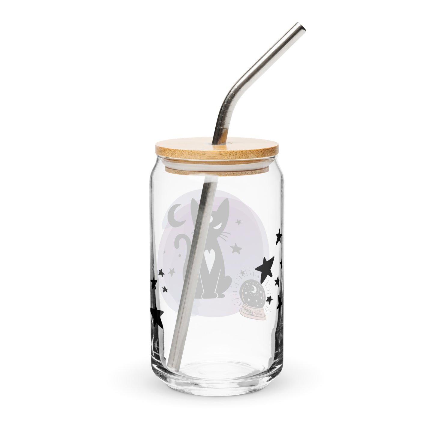 Celestial Cat Glass tumbler with optional bamboo lid and straw