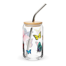 Load image into Gallery viewer, Butterflies Glass tumbler with optional bamboo lid and straw
