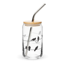 Load image into Gallery viewer, Birds on Wire Glass tumbler with optional bamboo lid and straw
