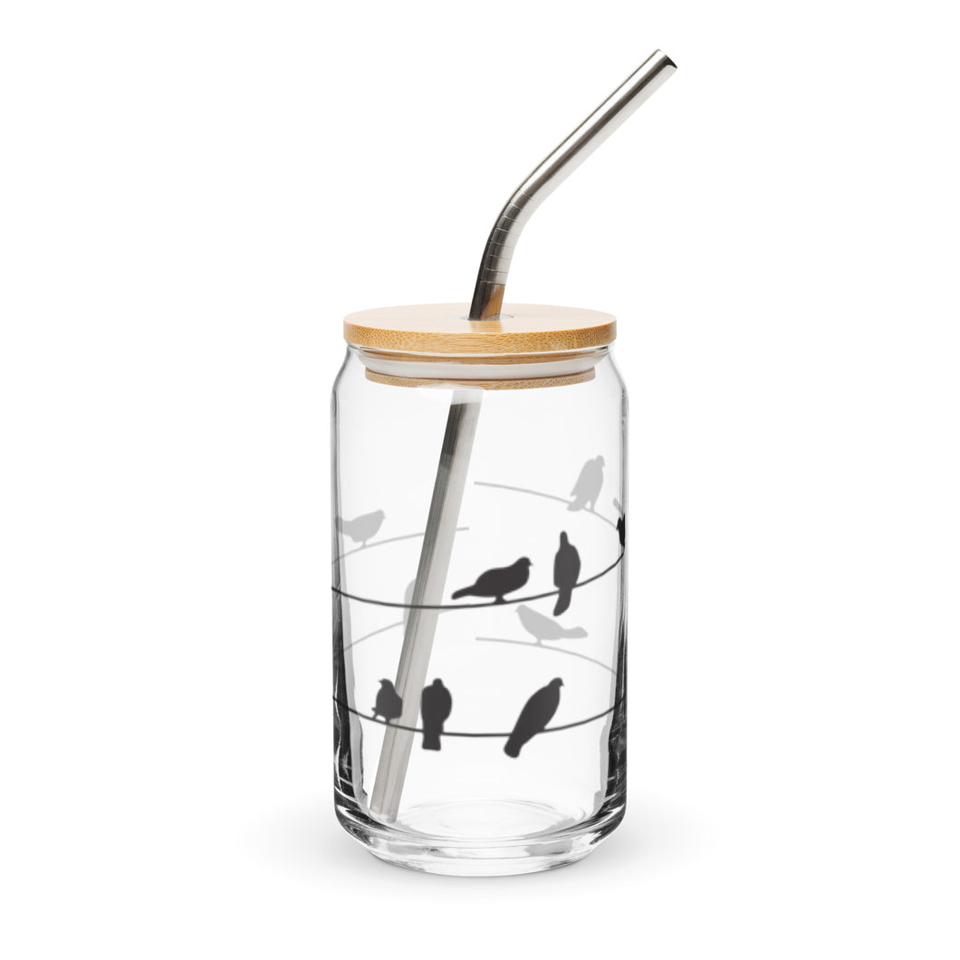 Birds on Wire Glass tumbler with optional bamboo lid and straw