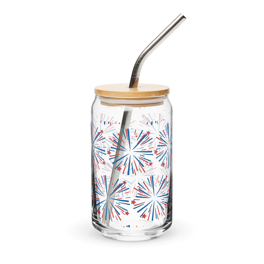 Fourth of July Fireworks Glass tumbler with optional bamboo lid and straw