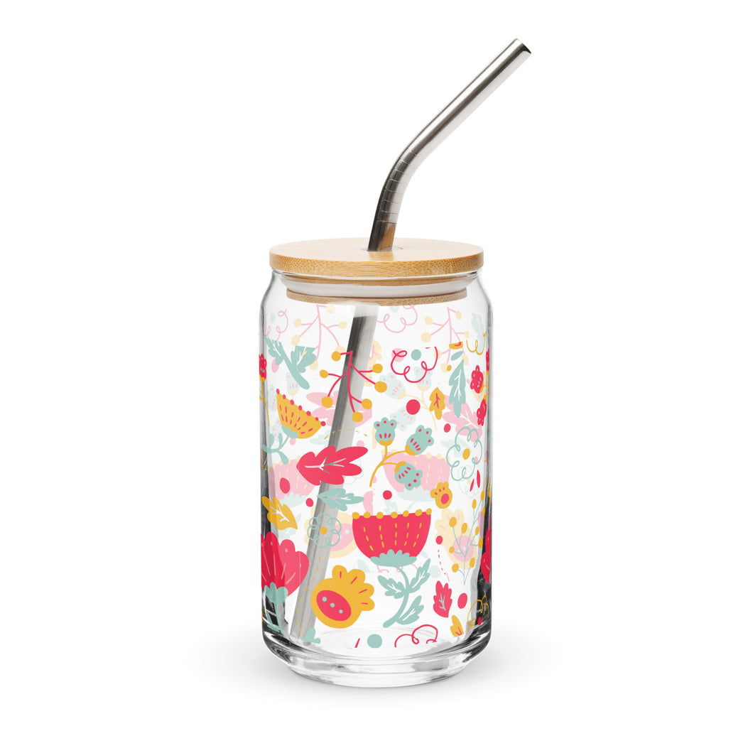 Summer Floral Glass tumbler with optional bamboo lid and straw