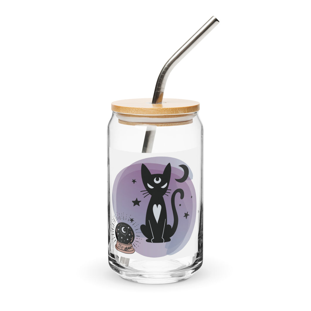 Celestial Cat Glass tumbler with optional bamboo lid and straw